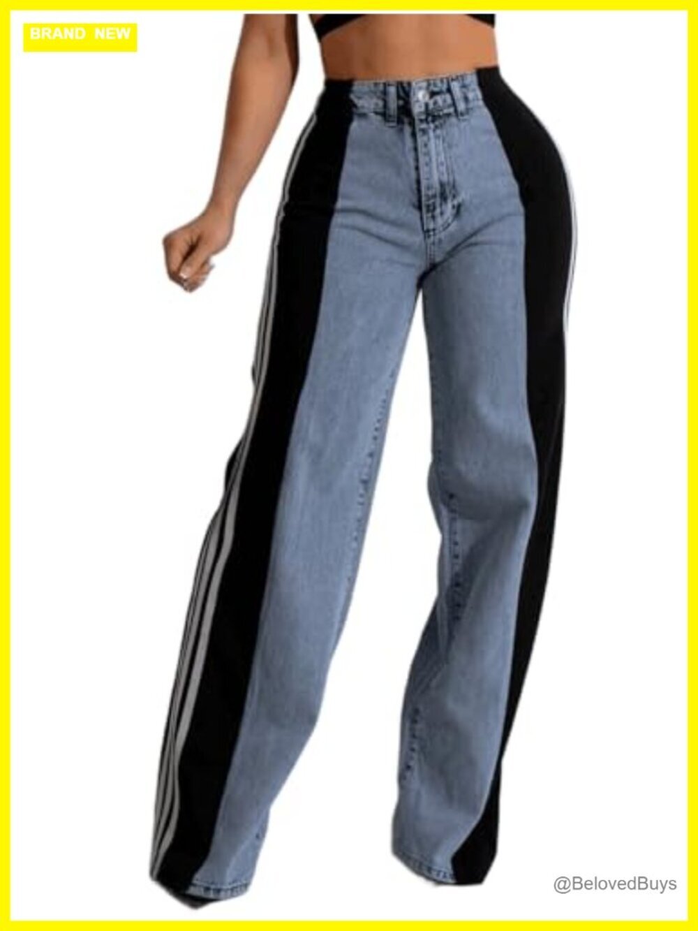 Women's Patchwork Striped High Waisted Wide Leg Stretchy Jeans
